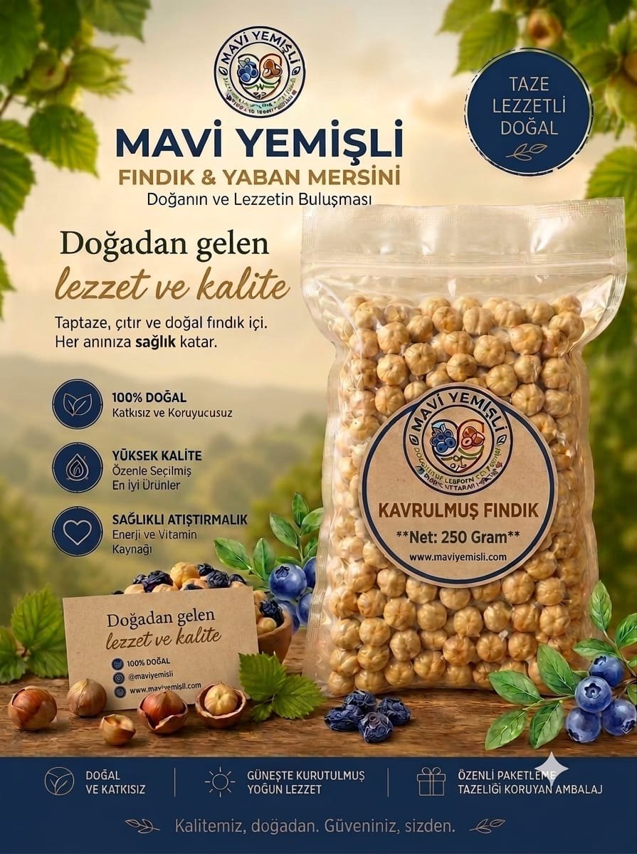 Mavi Yemişli Kavrulmuş İç Fındık 250Gram Vakum Paket